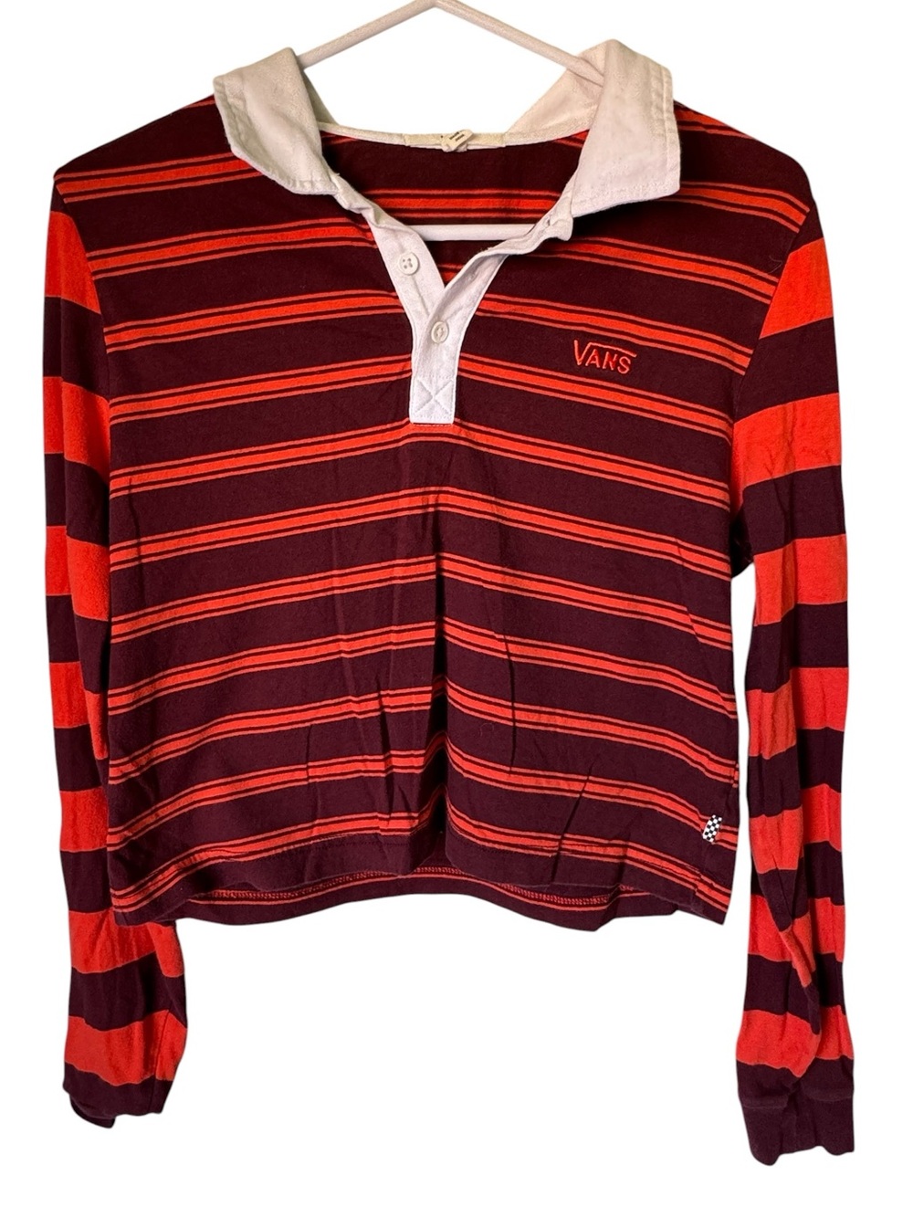 Vans Retro Red & Maroon Striped Rugby Cropped Polo Shirt Top Women’s S